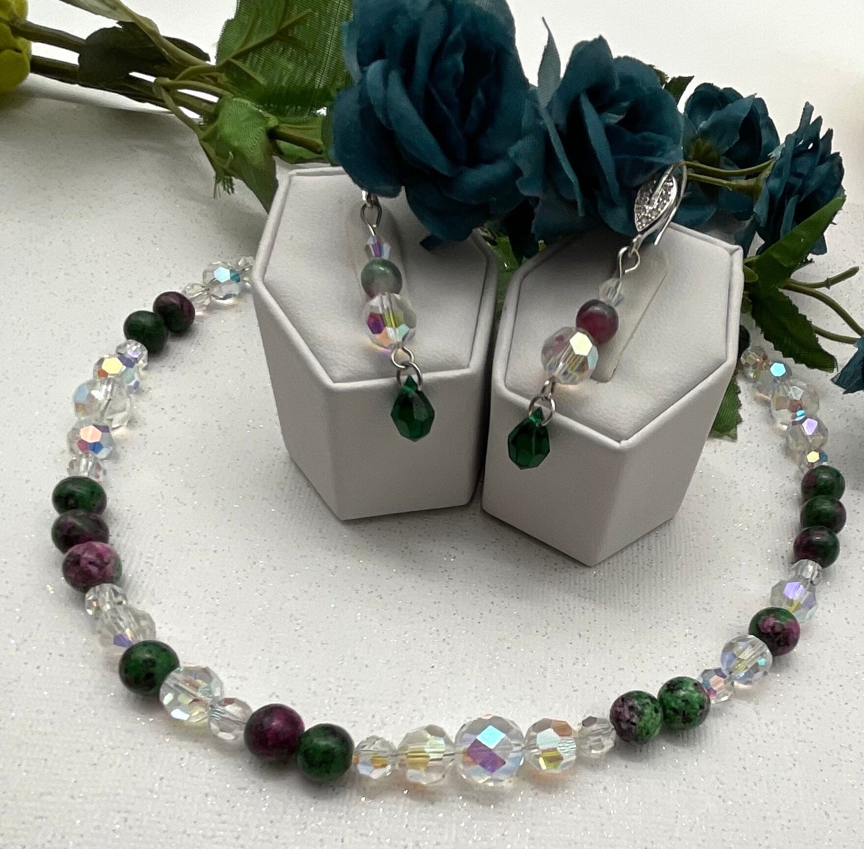 Crystal and Zoisite Natural Stone Necklace and Earring Set Green and Ruby Colored 18 Inches in Length