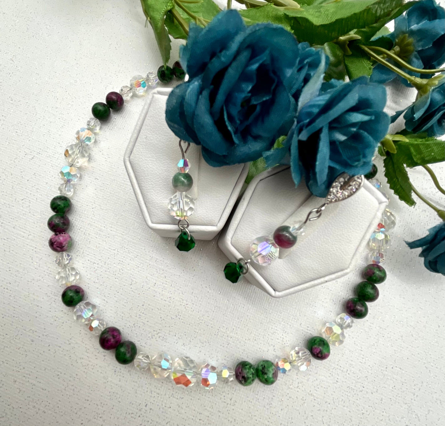 Crystal and Zoisite Natural Stone Necklace and Earring Set Green and Ruby Colored 18 Inches in Length