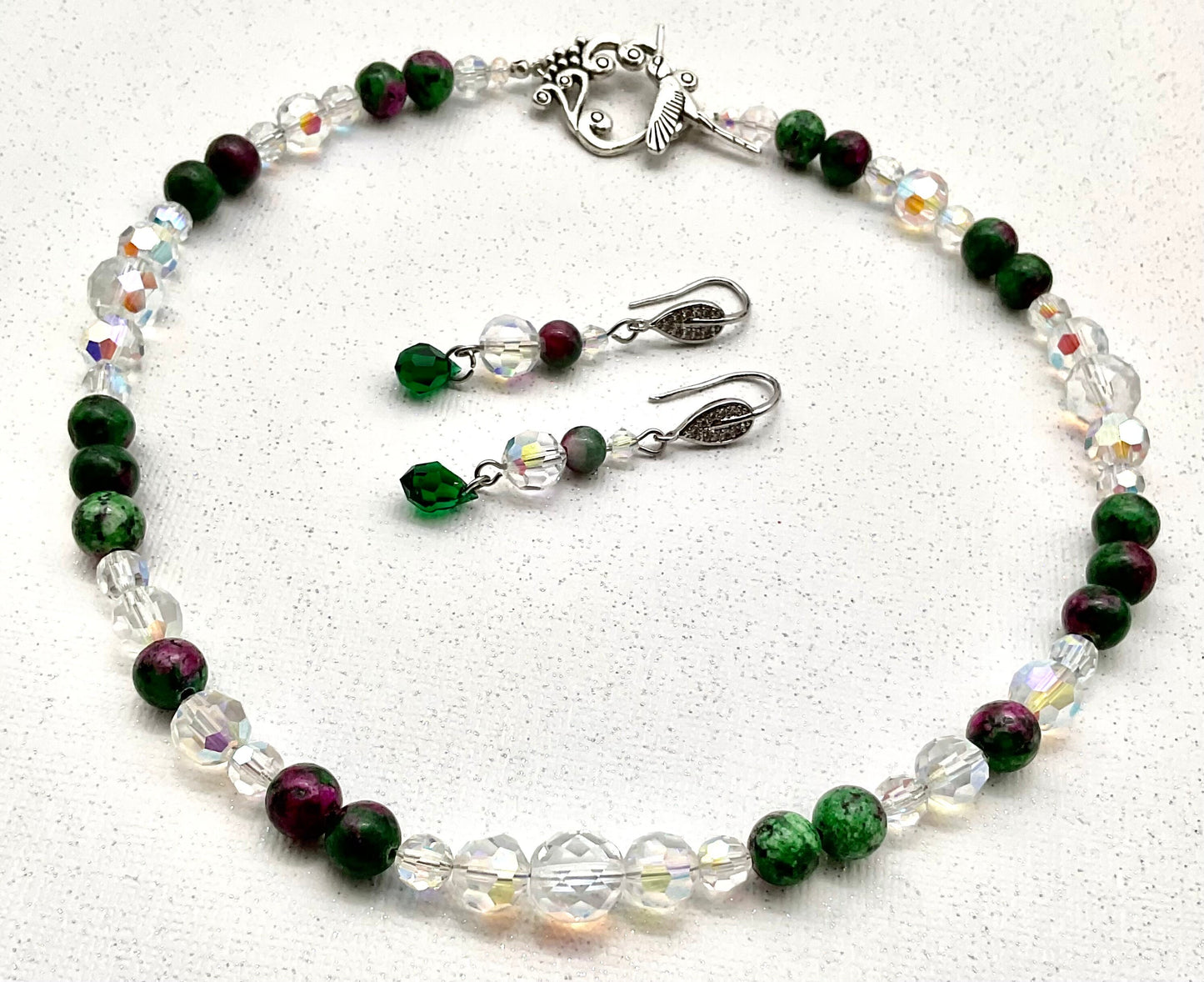 Crystal and Zoisite Natural Stone Necklace and Earring Set Green and Ruby Colored 18 Inches in Length