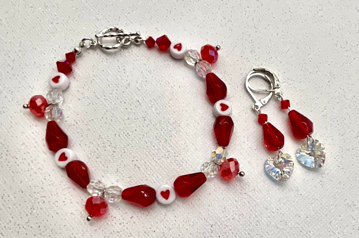 Red Crystal and Heart Bracelet with Matching Earrings