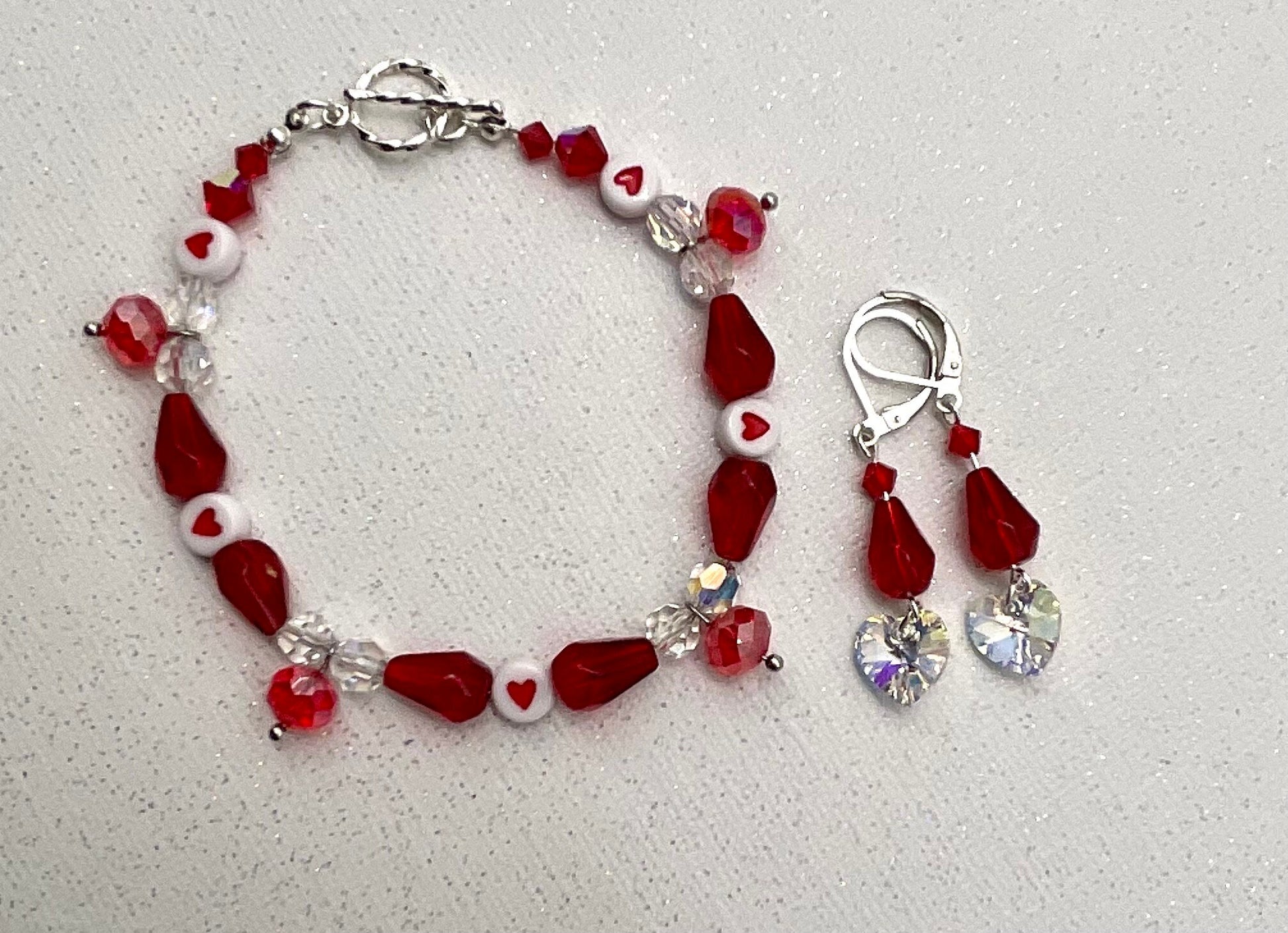 Red Crystal and Heart Bracelet with Matching Earrings