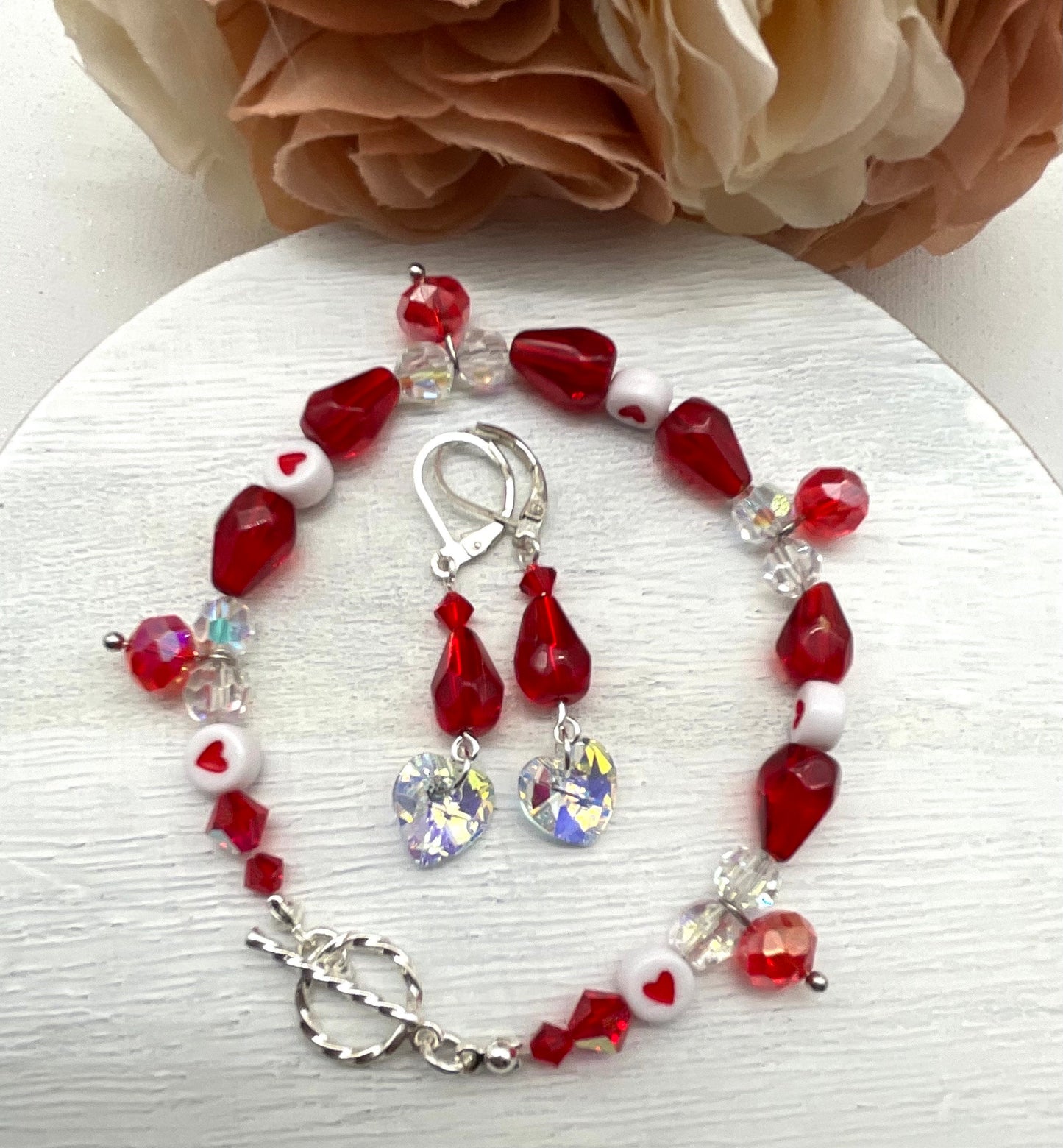 Red Crystal and Heart Bracelet with Matching Earrings