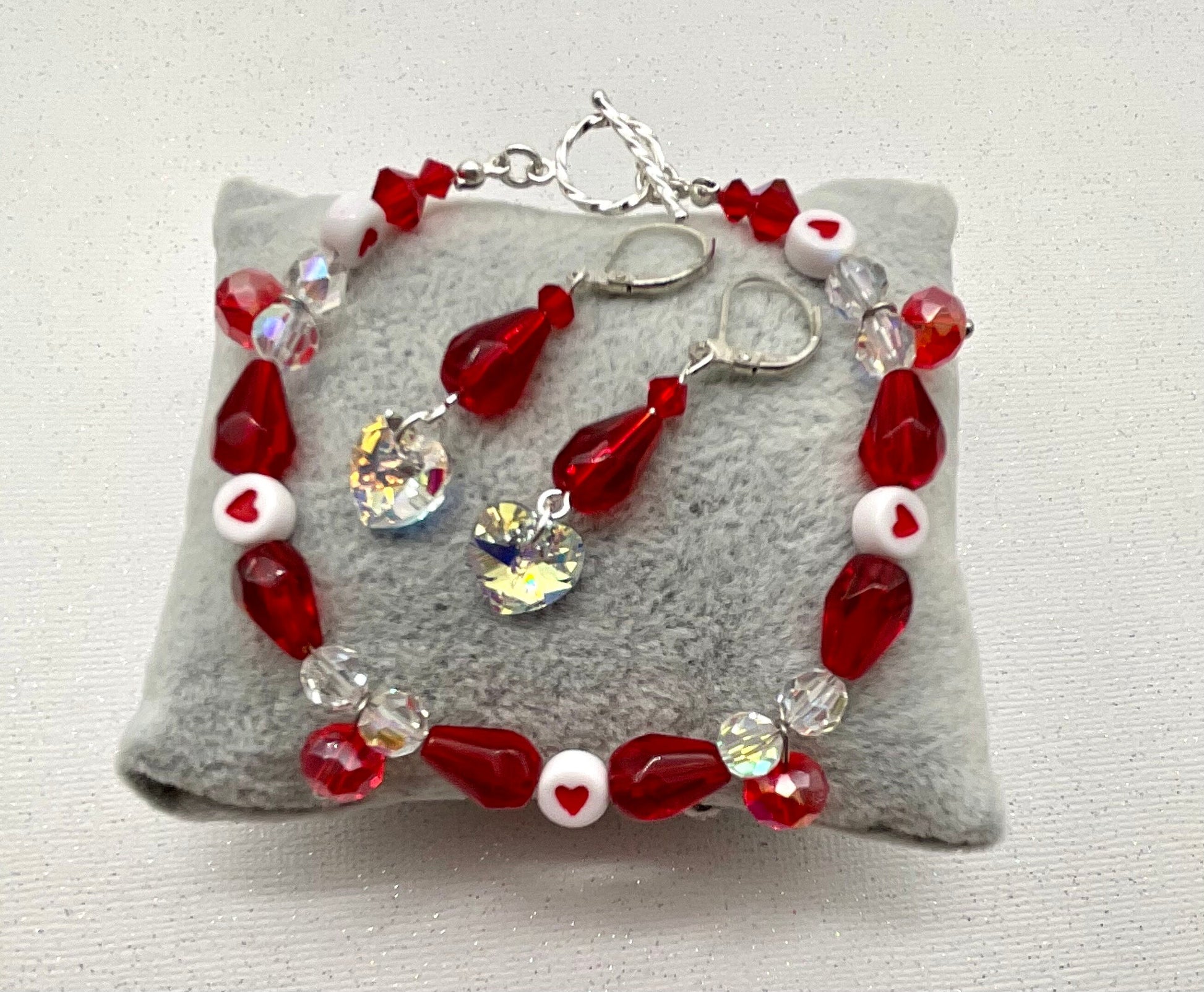 Red Crystal and Heart Bracelet with Matching Earrings