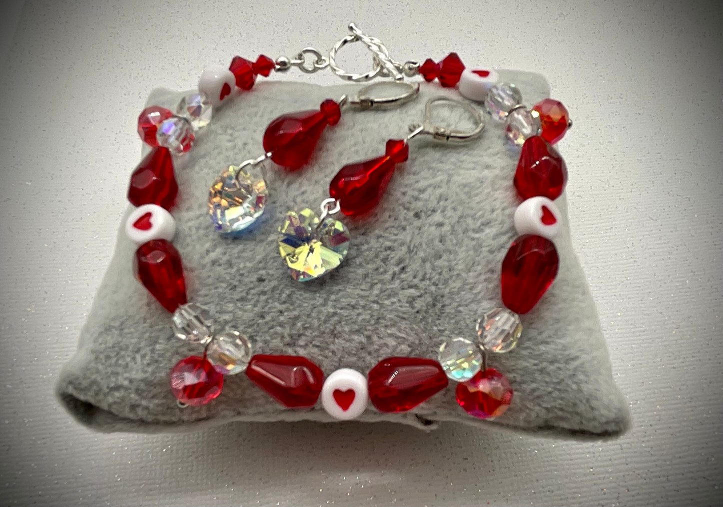 Red Crystal and Heart Bracelet with Matching Earrings