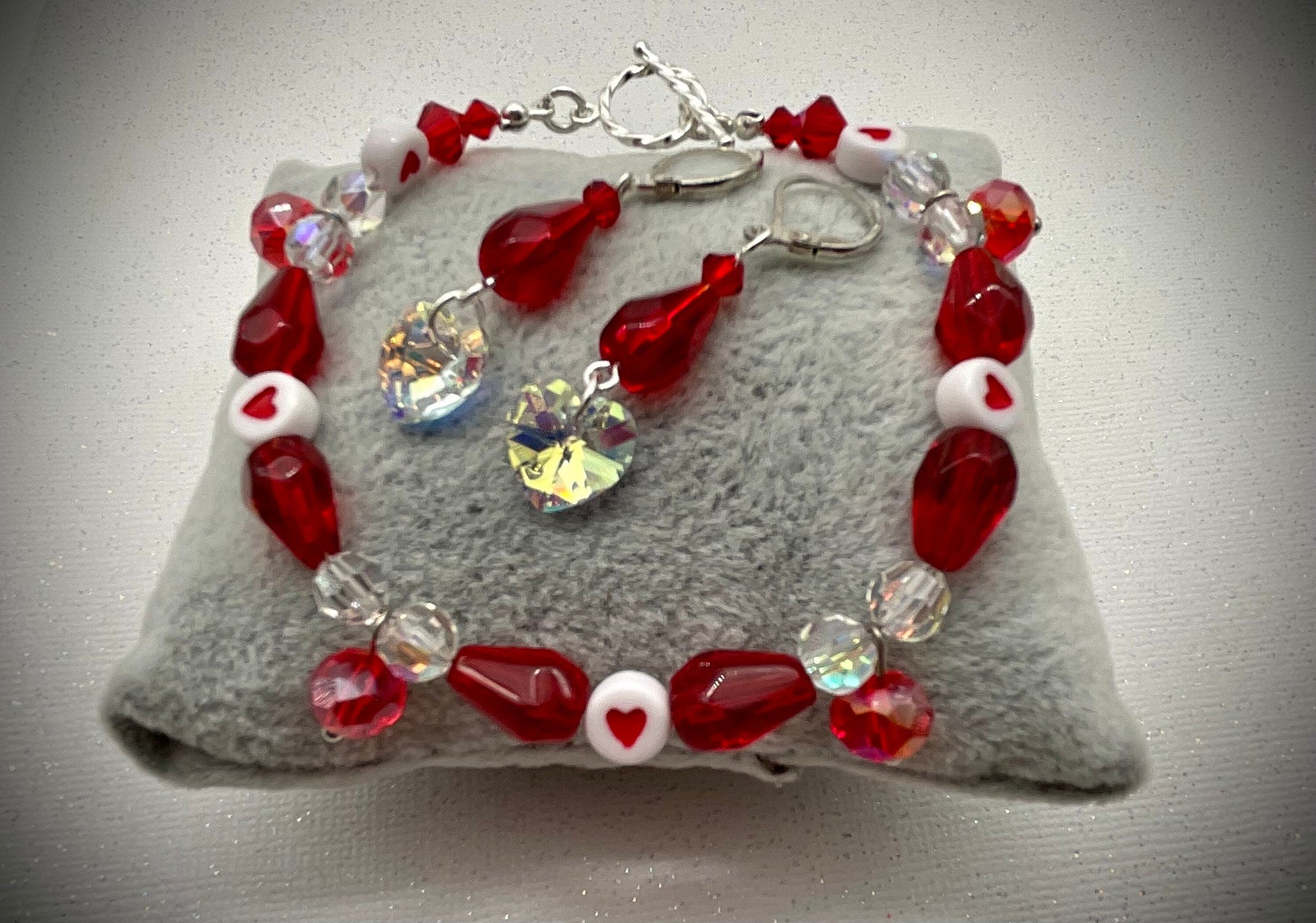 Red Crystal and Heart Bracelet with Matching Earrings