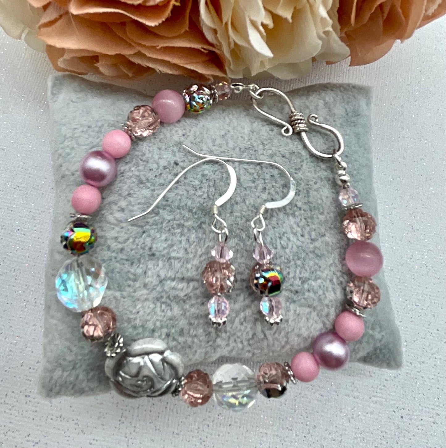 Pink Floral Pearl and Crystal Beaded Bracelet with Matching Earrings