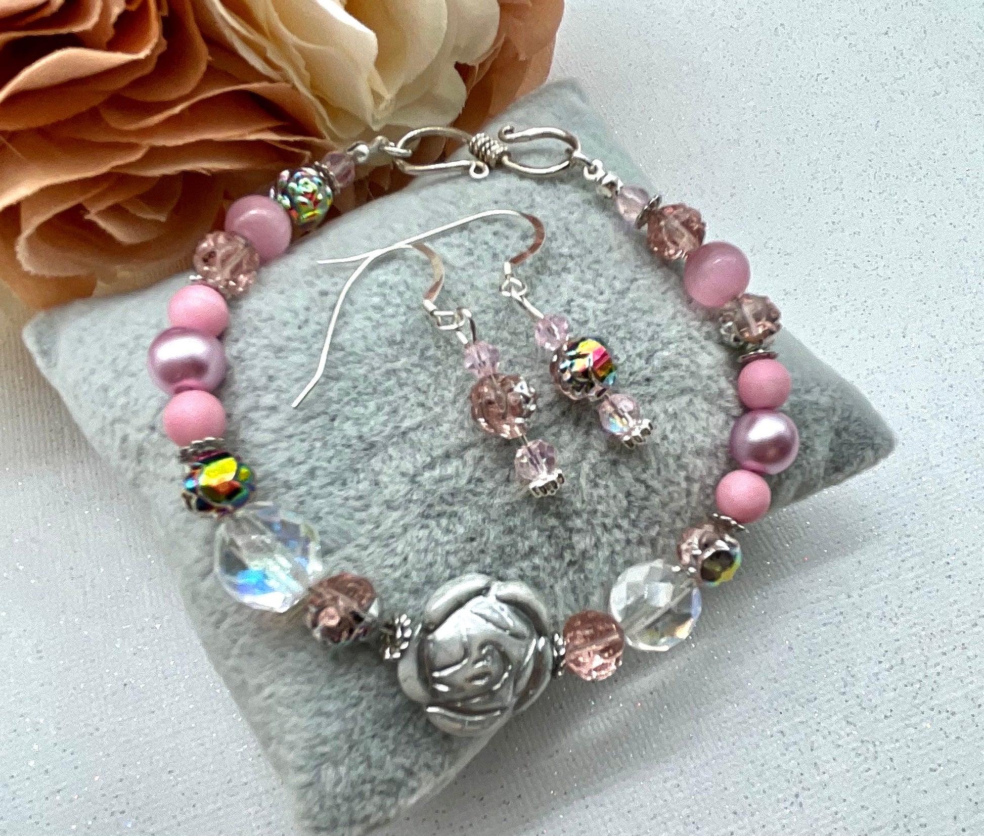 Pink Floral Pearl and Crystal Beaded Bracelet with Matching Earrings