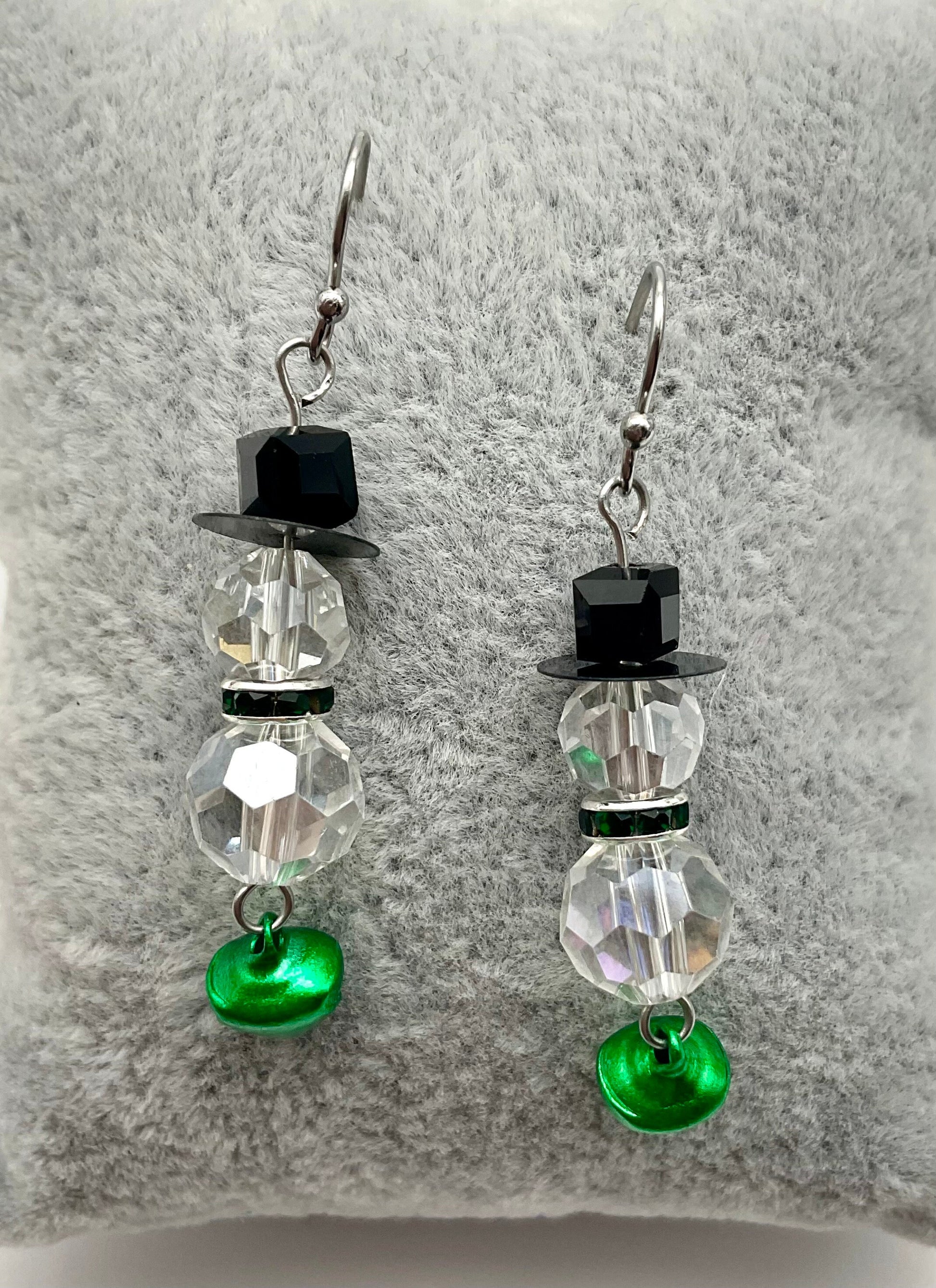 Christmas - Holiday Snowman Crystal Drop Dangle Earrings Red and Green Bead Accents