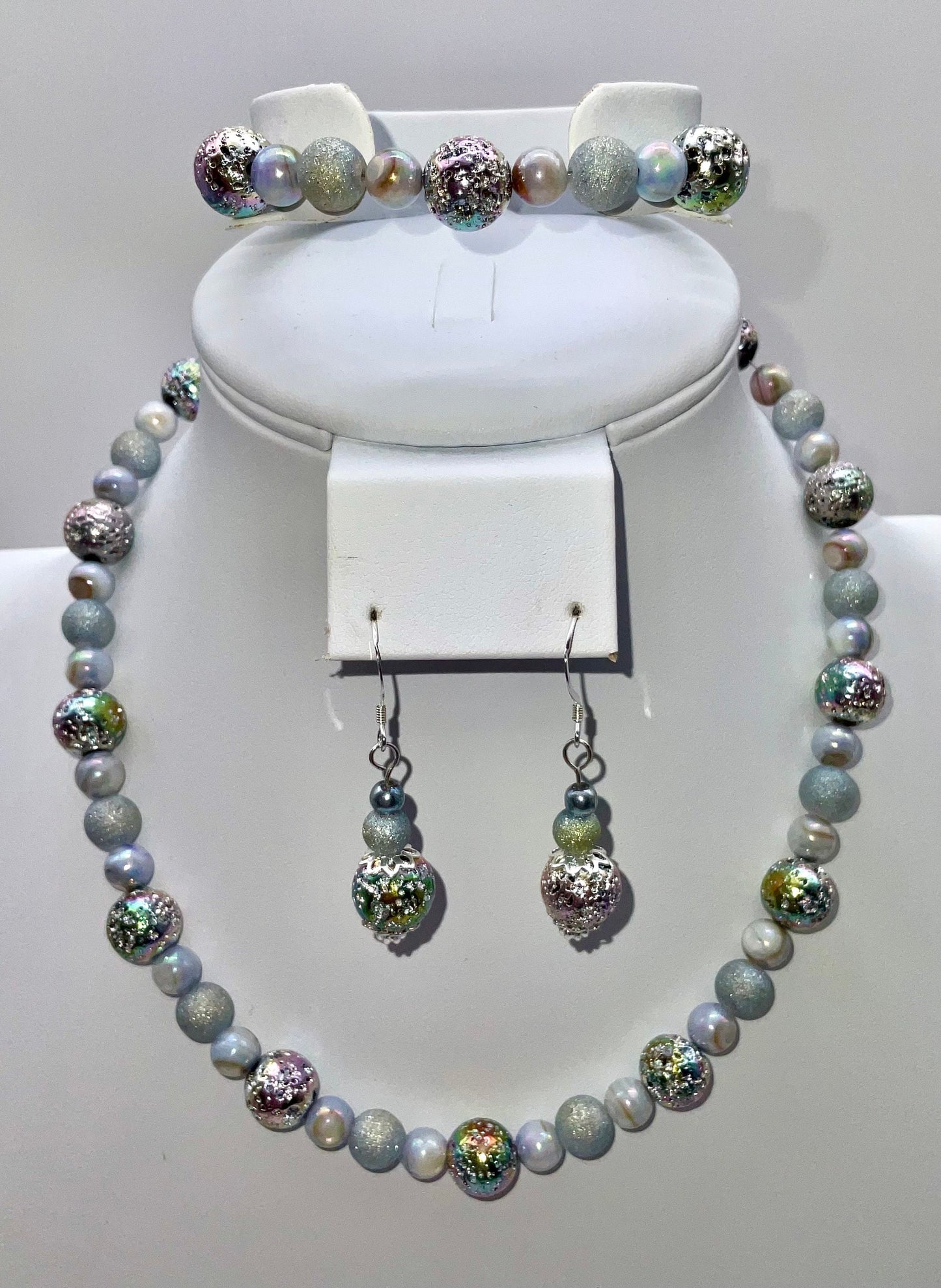 Iridescent Blue Pearl Necklace Bracelet and Earring Set  - Hypoallergenic 925 Sterling Silver