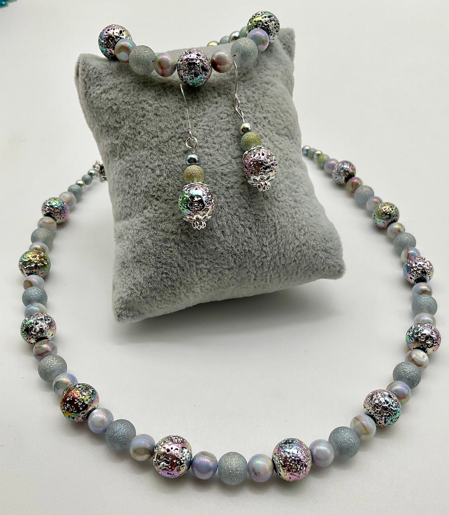 Iridescent Blue Pearl Necklace Bracelet and Earring Set  - Hypoallergenic 925 Sterling Silver