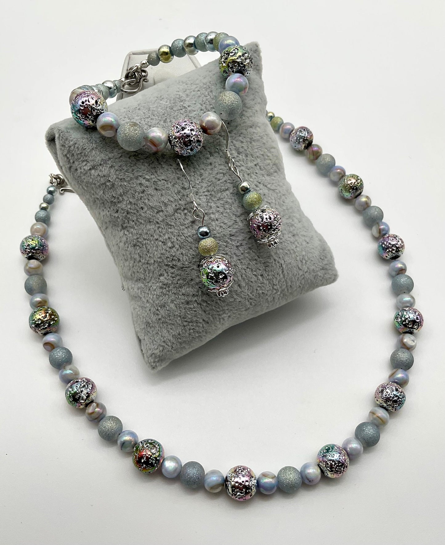 Iridescent Blue Pearl Necklace Bracelet and Earring Set  - Hypoallergenic 925 Sterling Silver