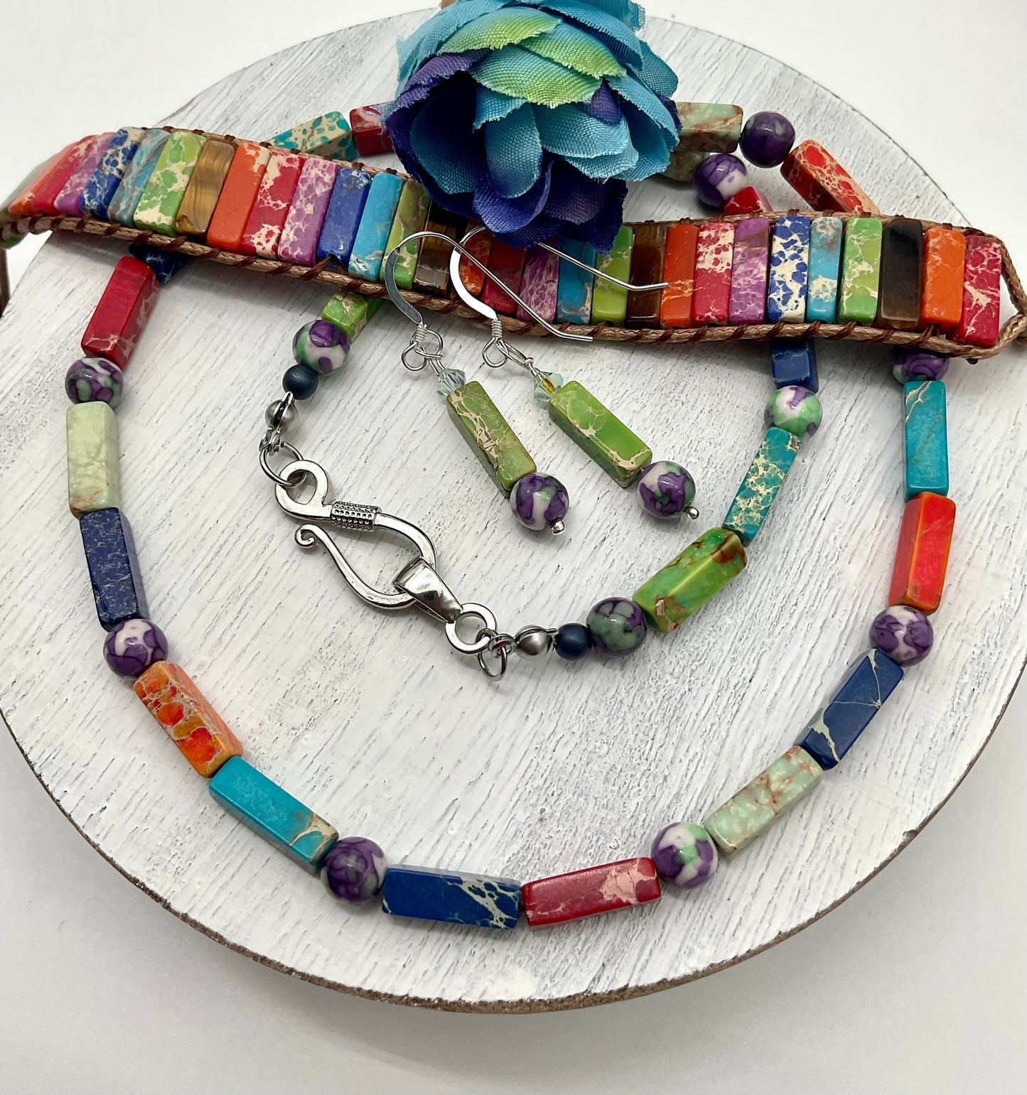 Multi Colored Natural Agate Stone Beaded Necklace, Bracelet with Matching Earrings