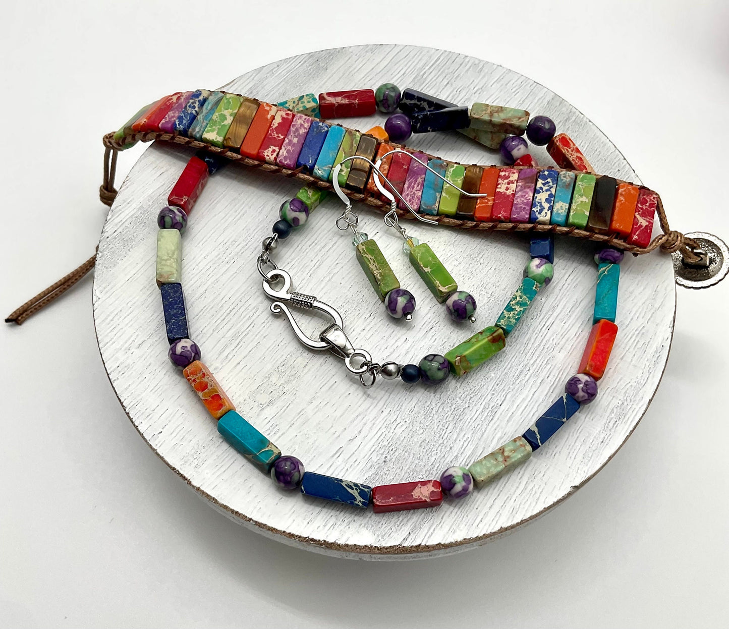 Multi Colored Natural Agate Stone Beaded Necklace, Bracelet with Matching Earrings