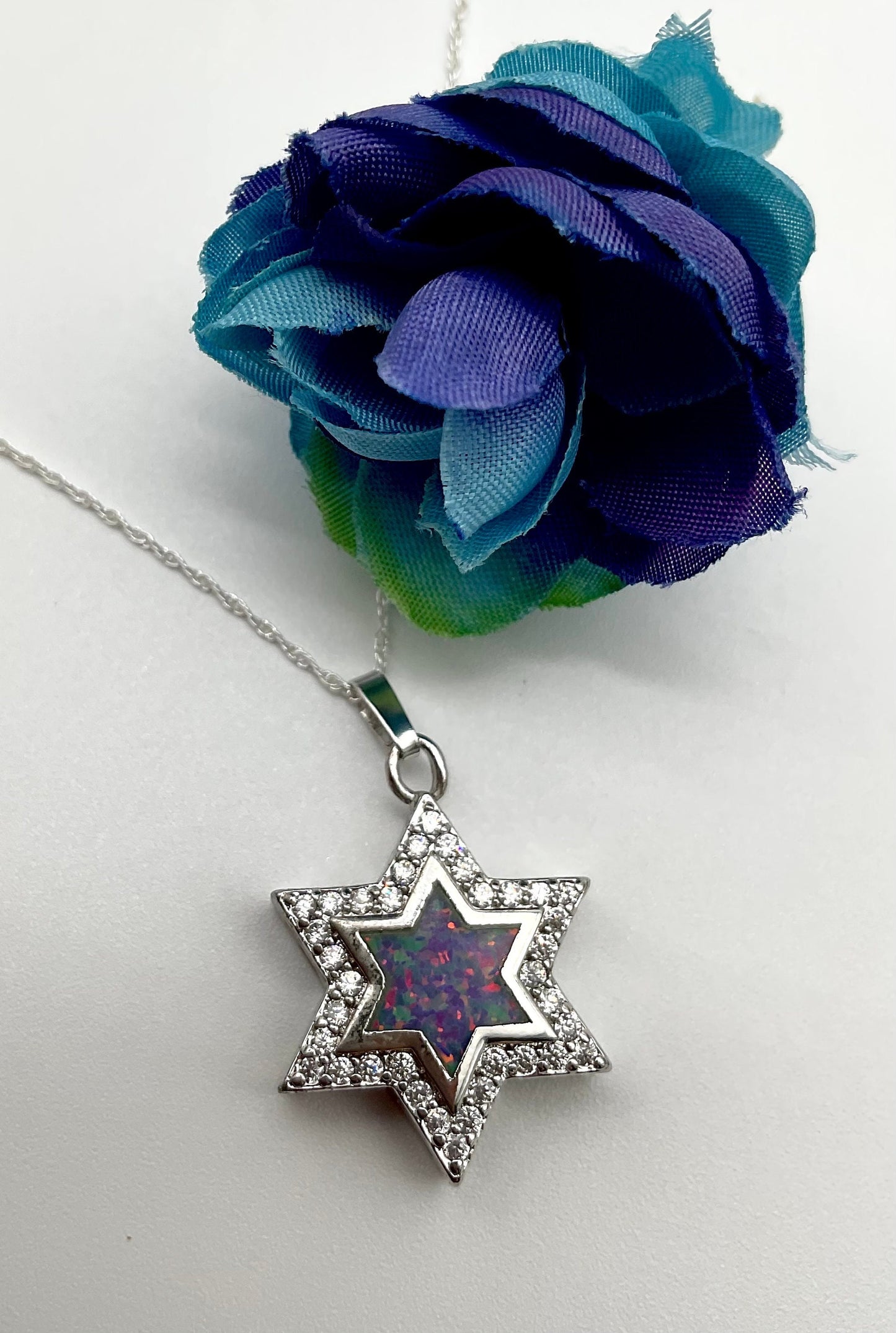 Pink Opal - Star of David Cross - Jewish - Christian Religious Necklace on an 18” 925 Sterling Silver Rope Chain