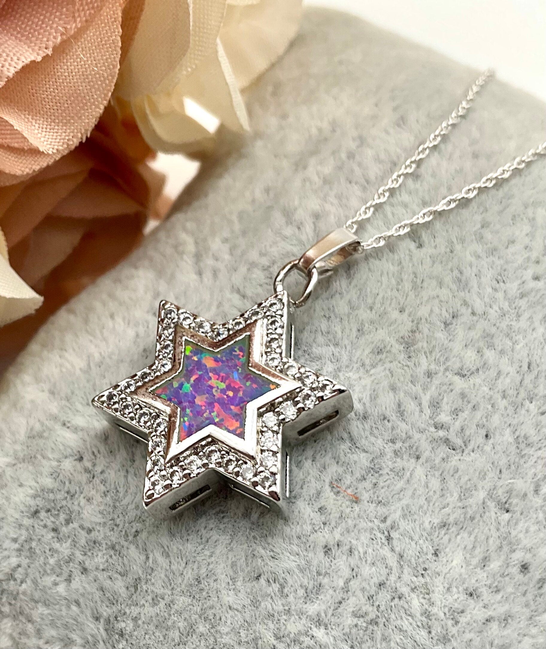 Pink Opal - Star of David Cross - Jewish - Christian Religious Necklace on an 18” 925 Sterling Silver Rope Chain