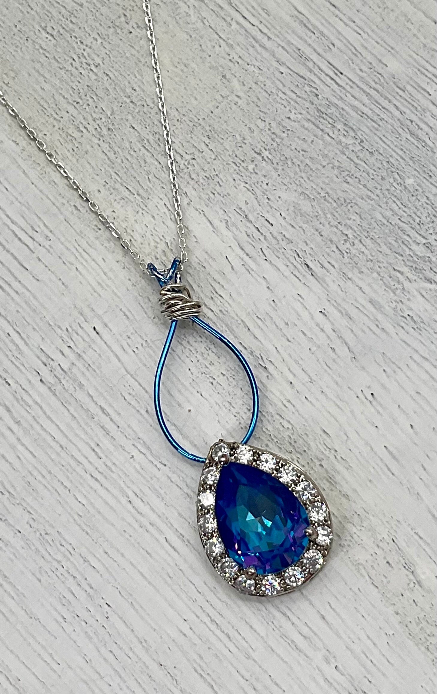 Preciosa Crystal Passions Blue Pear Shaped Pendant on a 925 Sterling Silver 18” Necklace