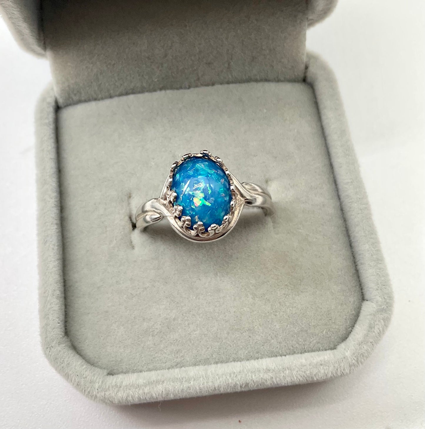 Blue - Green Opal Oval Ring in Adjustable Antique 925 Sterling Silver Band