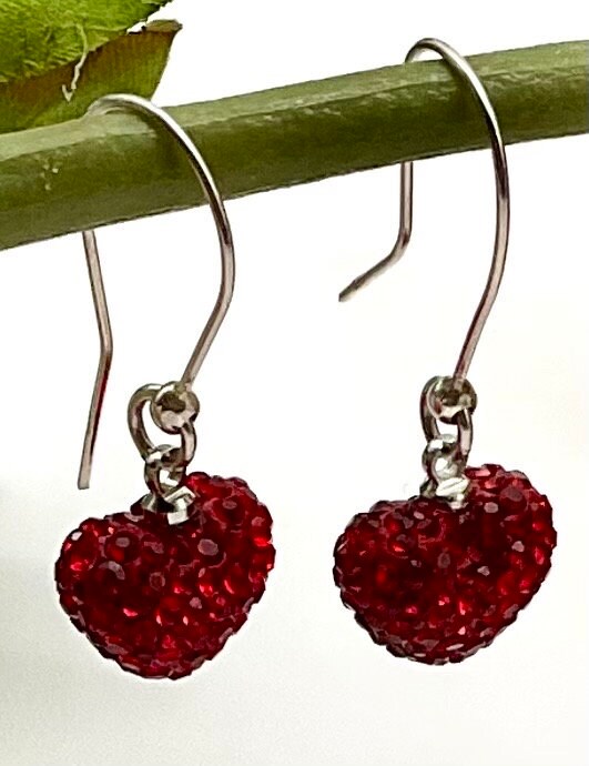 Red Heart Shaped Chrystal Rhinestone Earrings for Christmas - Valentines Day Gift for Her