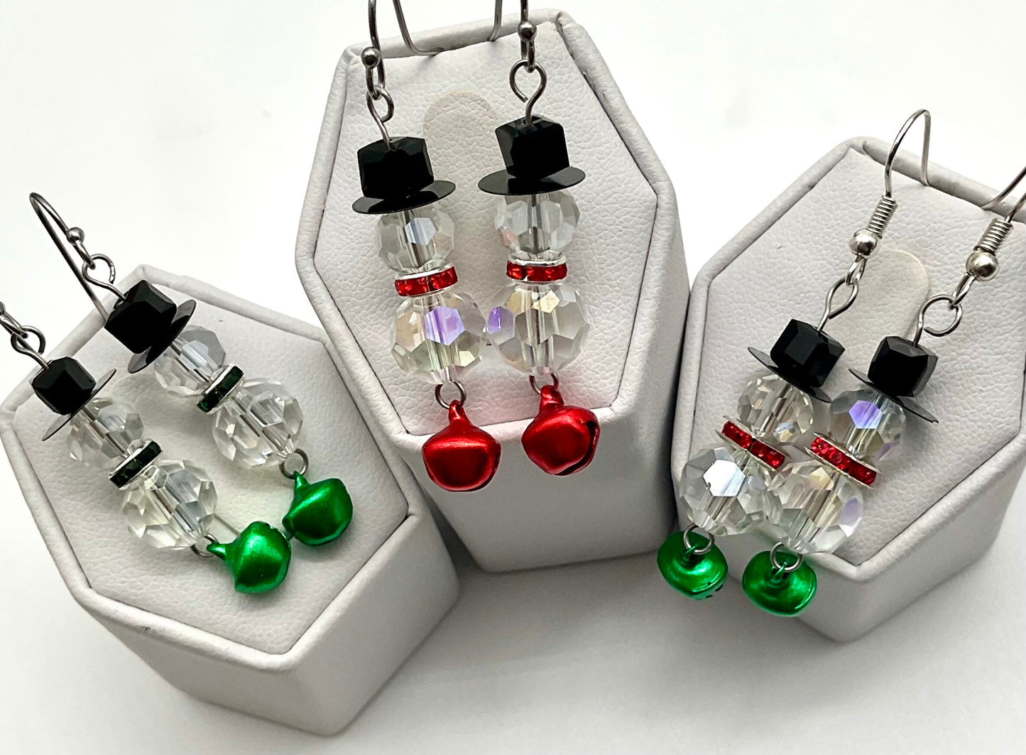 Christmas - Holiday Snowman Crystal Drop Dangle Earrings Red and Green Bead Accents