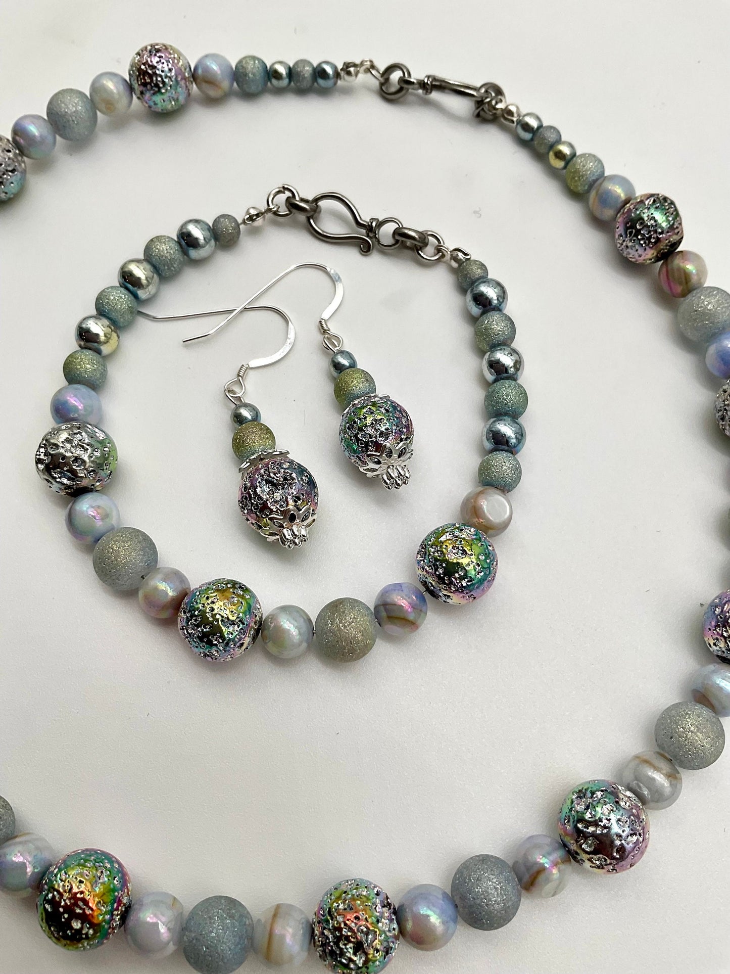 Iridescent Blue Pearl Necklace Bracelet and Earring Set  - Hypoallergenic 925 Sterling Silver