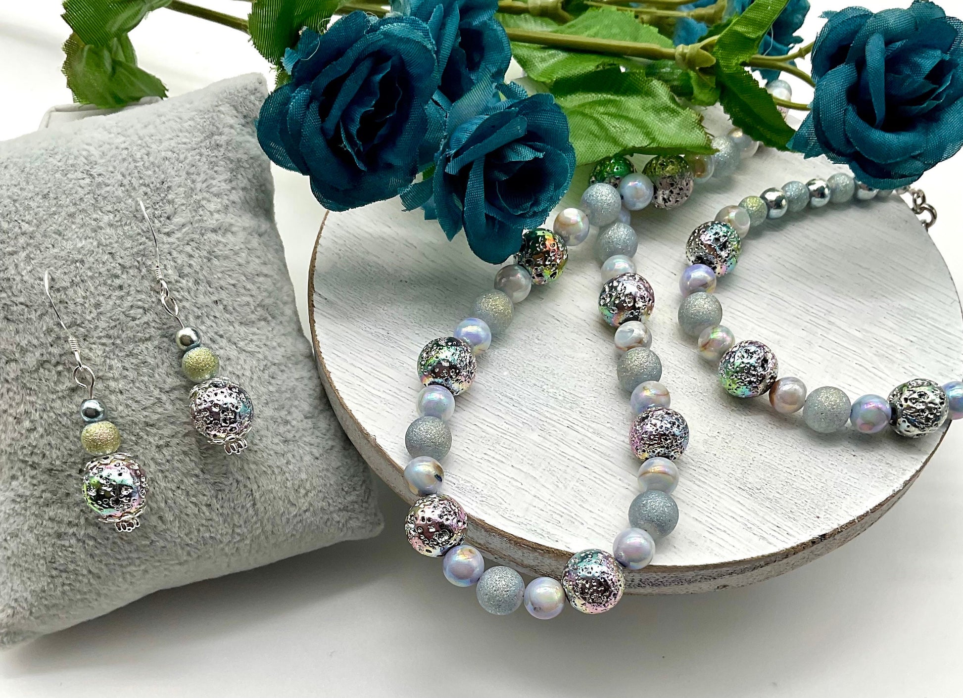 Iridescent Blue Pearl Necklace Bracelet and Earring Set - Hypoallergenic 925 Sterling Silver