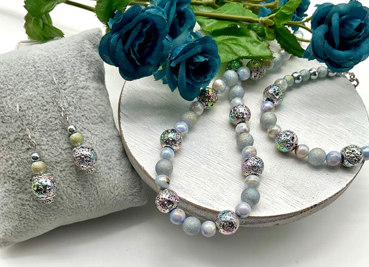 Iridescent Blue Pearl Necklace Bracelet and Earring Set - Hypoallergenic 925 Sterling Silver