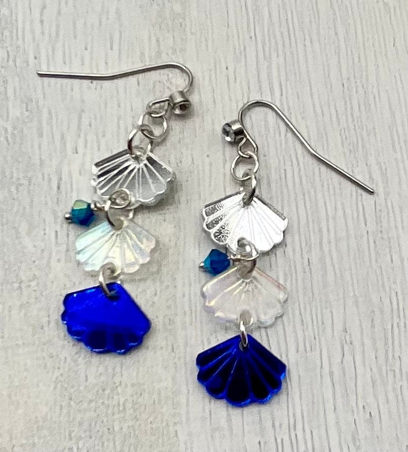 Clear Fan Dangle Drop Earrings with Blue Crystal Accent on Hypo Allergenic Stainless Steel Earwires