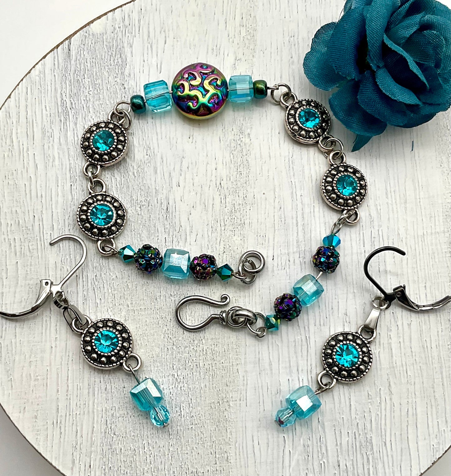 Teal / Aqua Crystal Rhinestone and Silver Bracelet with Matching Earrings